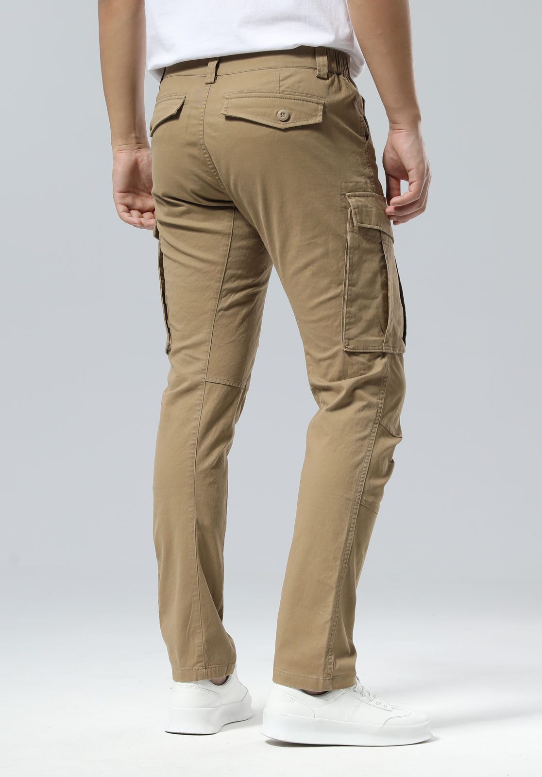 Plaid&Plain Men's Dark Pebble Khaki Slim Fit Cargo Pants | Tactical Utility with Articulated Knees | Outdoor Hiking & Workwear