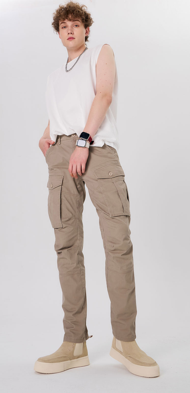 Plaid&Plain Men's Taupe Slim Fit Cargo Pants | Tactical Utility with Articulated Knees | Outdoor Hiking & Workwear