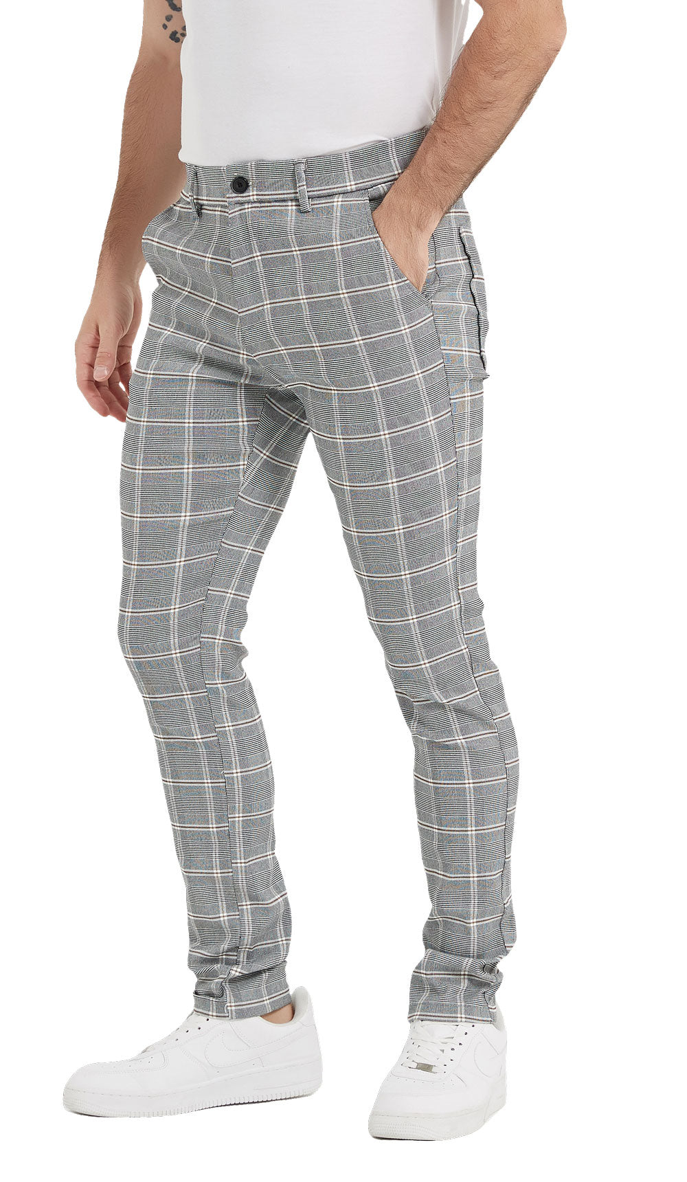 Plaid&Plain Grey Plaid Patterned Skinny Men's Chinos | Slacks Tapered Trousers