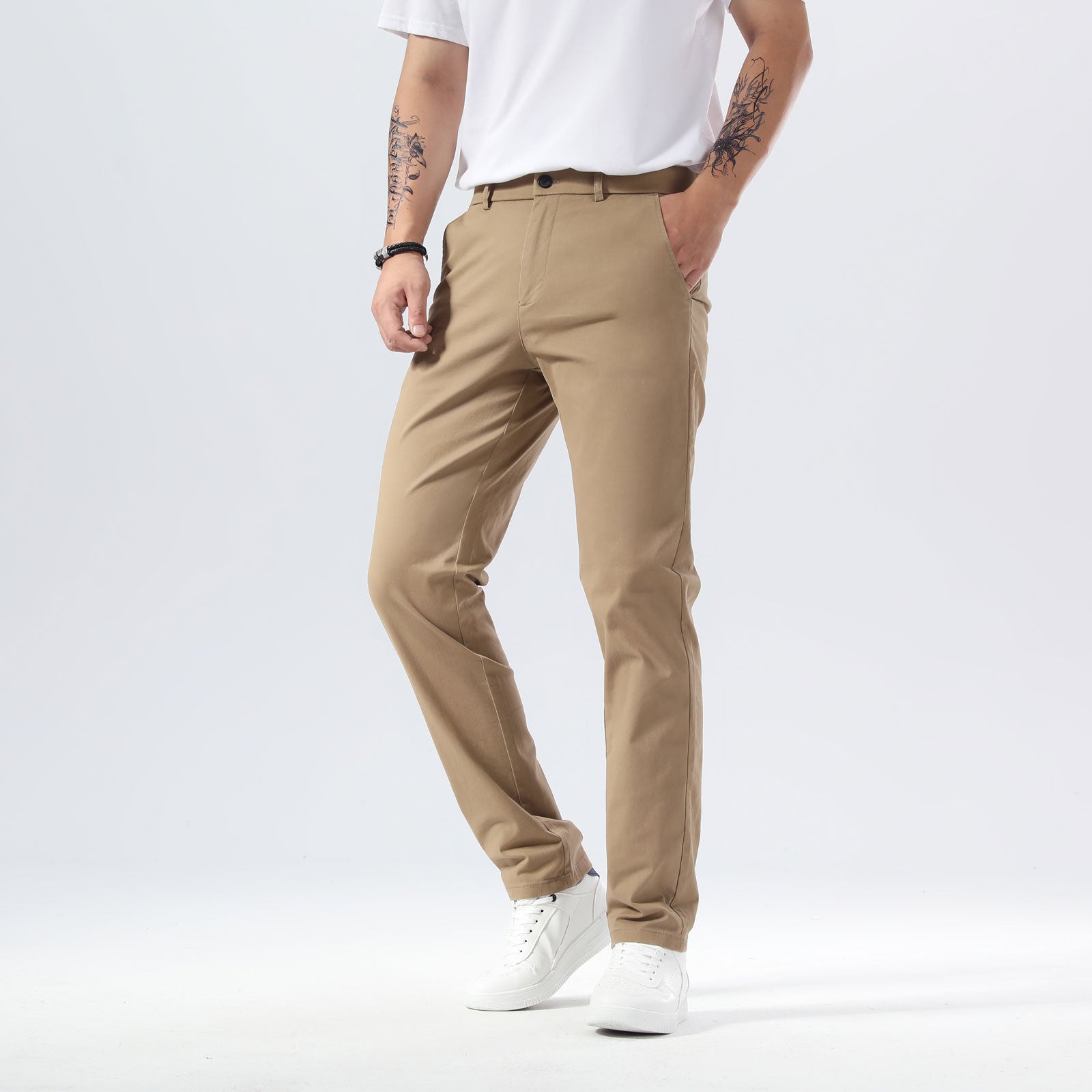 Plaid&Plain Dark Pebble Khaki Men’s Slim - Fit Chinos| Men’s Tapered Chino Pants