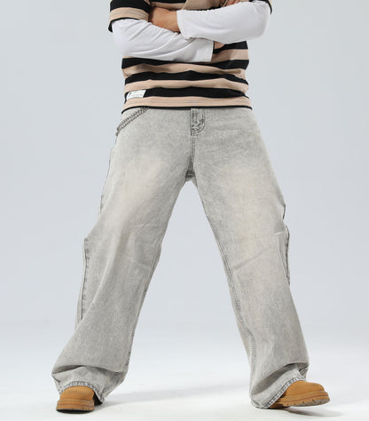 Plaid&Plain Men's Washed Grey Baggy Jeans |  Wide Leg Denim Pants for Hip Hop & Skateboarding