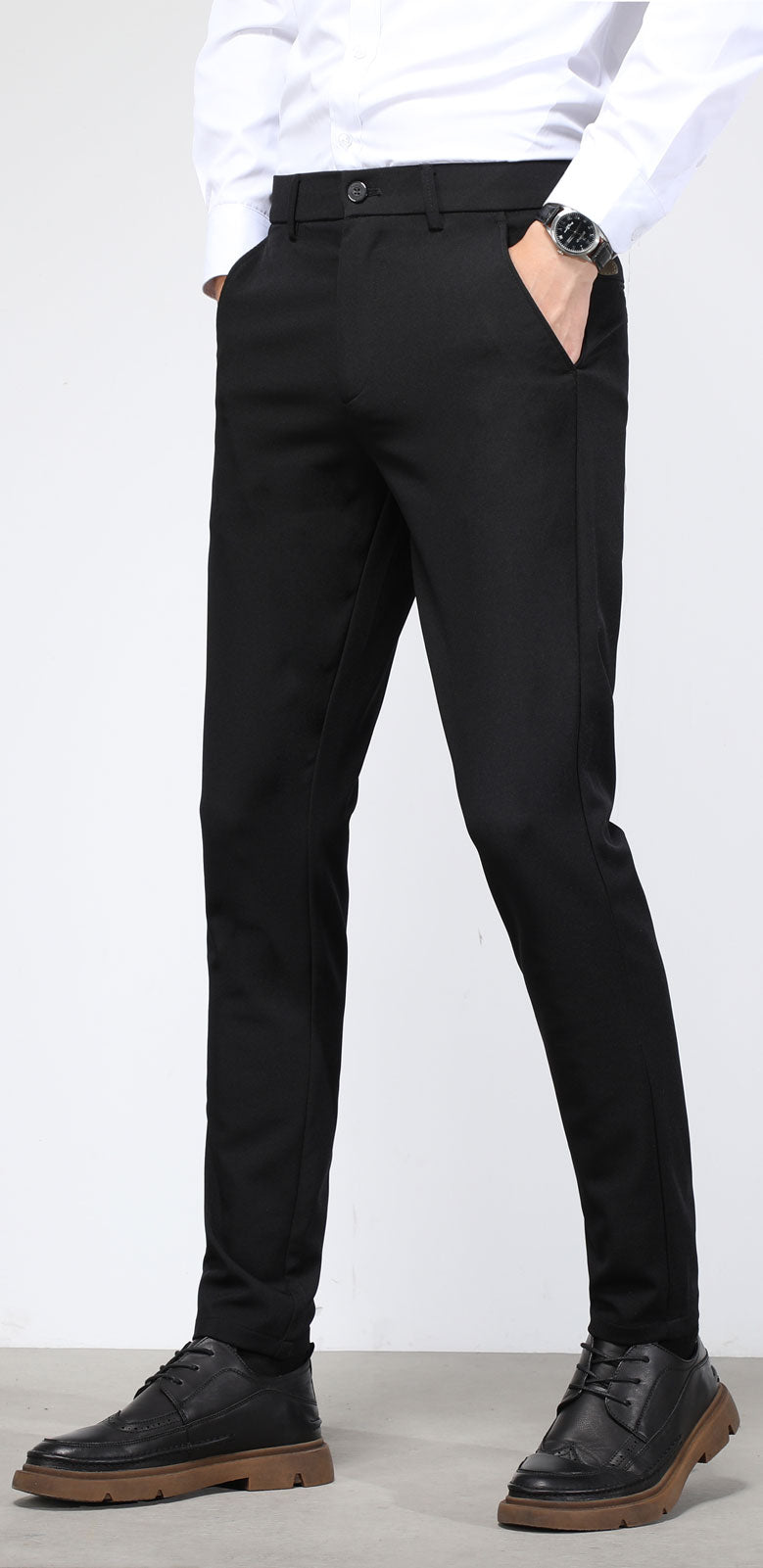 Plaid&Plain Men's Black Slim Fit Dress Pants | 4-Way Flex Stretch Suit Pants