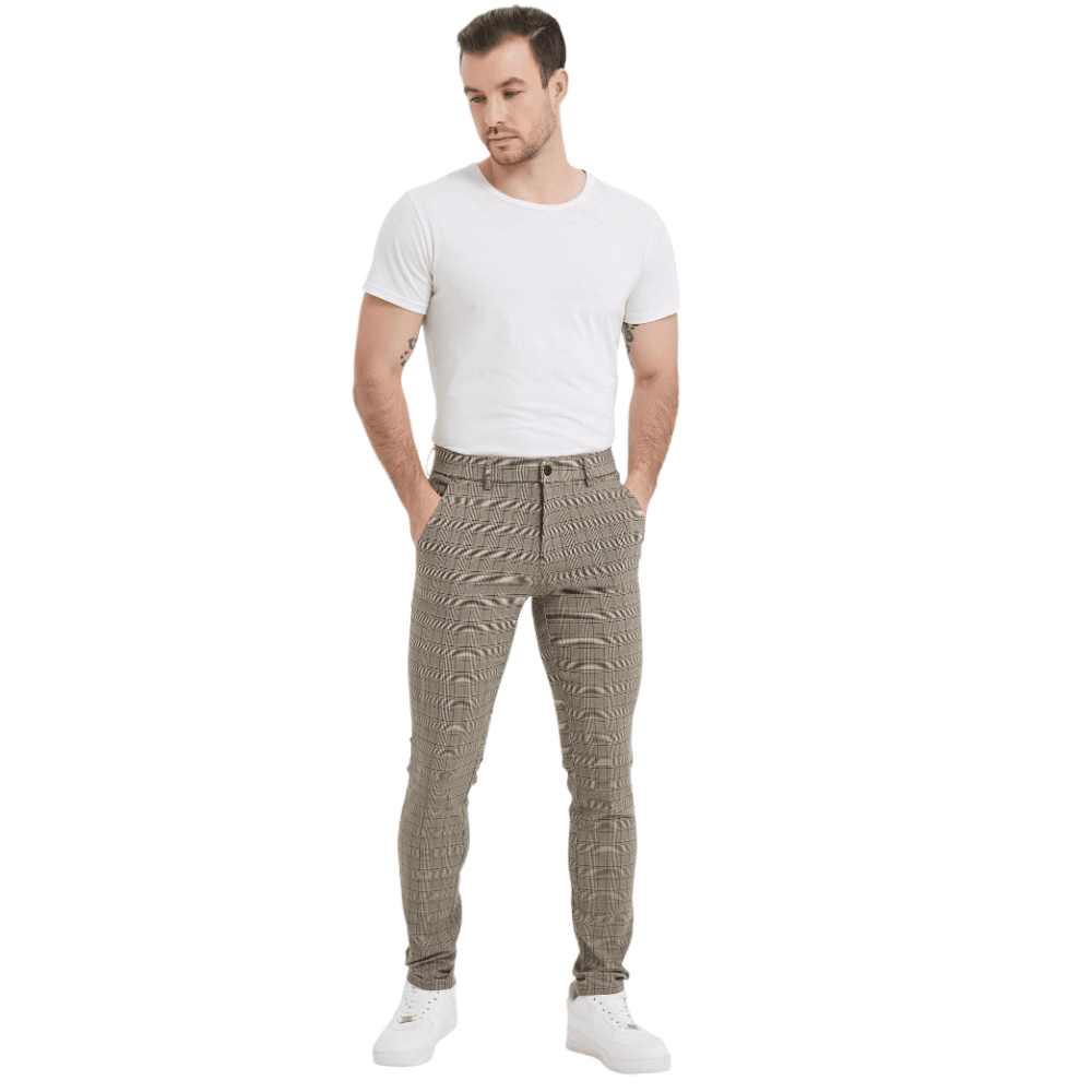 Plaid&Plain Men's Plaid Skinny Stretchy Khaki Chinos | Slacks Tapered Trousers - Plaid&Plain-7301-Khaki-28X28