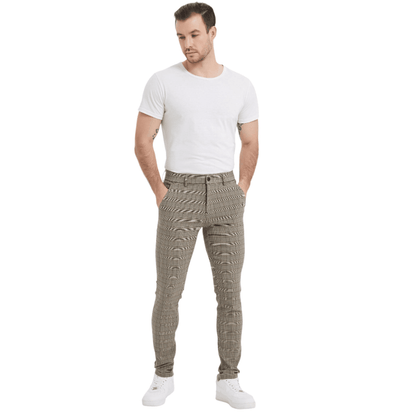 Plaid&Plain Men's Plaid Skinny Stretchy Khaki Chinos | Slacks Tapered Trousers - Plaid&Plain-7301-Khaki-28X28