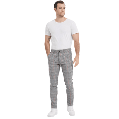 Plaid&Plain Men's Grey Plaid Skinny Chinos | Slacks Tapered Trousers - Plaid&Plain-7301-Grey-28X28