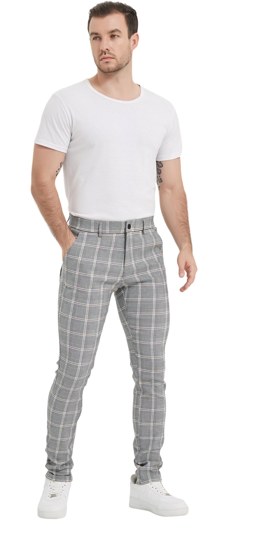 Plaid&Plain Grey Plaid Patterned Skinny Men's Chinos | Slacks Tapered Trousers