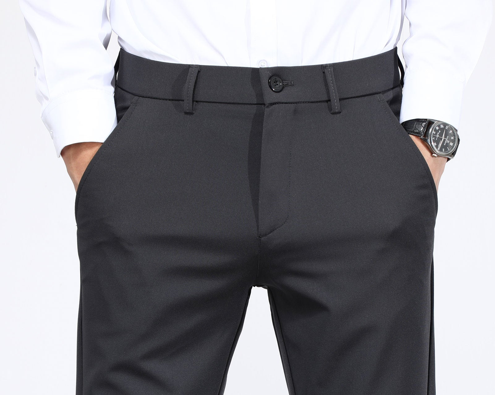 Plaid&Plain Men's Charcoal Slim Fit Dress Pants | 4-Way Flex Stretch Suit Pants