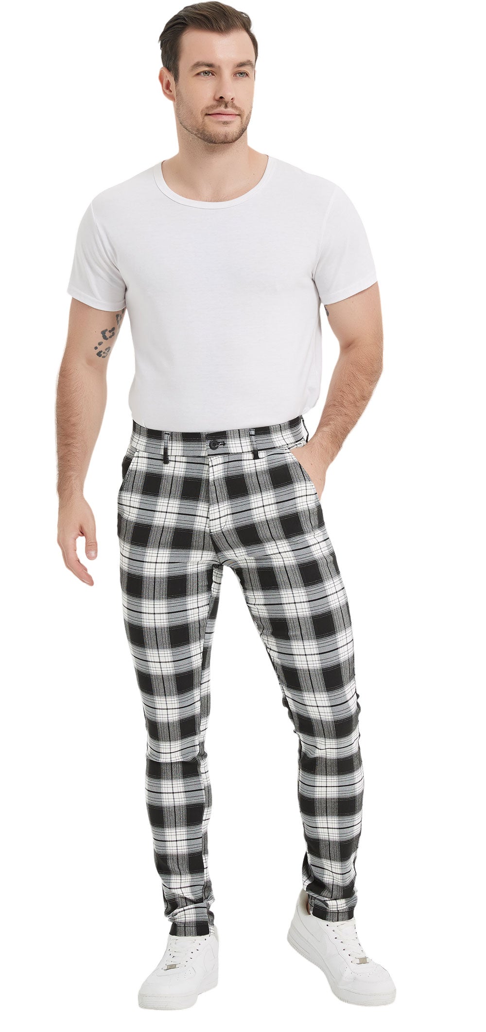 Plaid&Plain Classic Grey Plaid Skinny Men's Chinos | Slacks Tapered Trousers