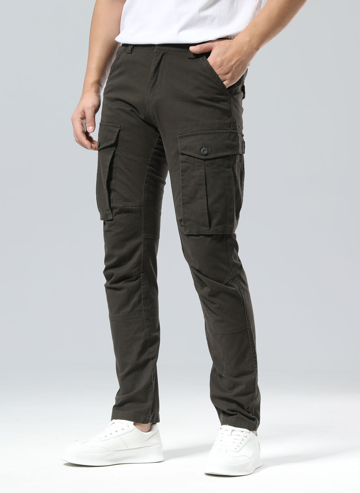 Plaid&Plain Men's Charcoal Slim Fit Cargo Pants | Tactical Utility with Articulated Knees | Outdoor Hiking & Workwear