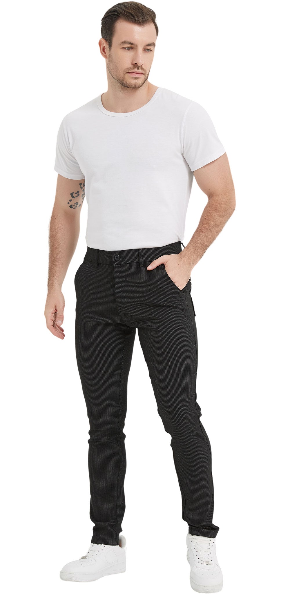 Plaid&Plain Black Strip Skinny Men's Chinos | Slacks Tapered Trousers