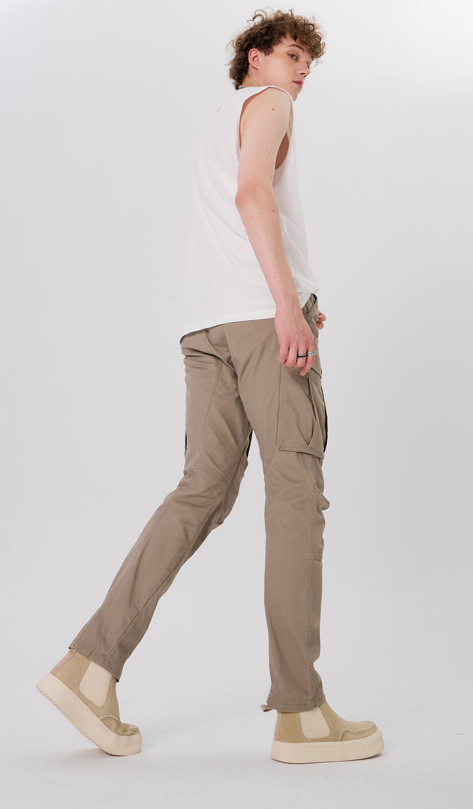 Plaid&Plain Men's Taupe Slim Fit Cargo Pants | Tactical Utility with Articulated Knees | Outdoor Hiking & Workwear