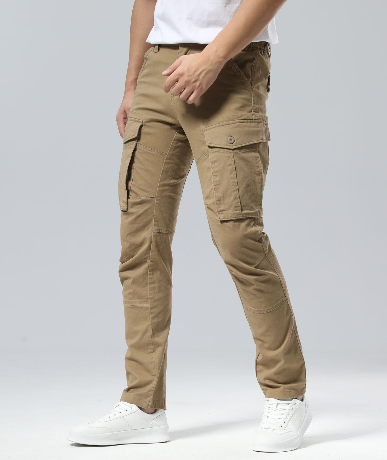 Plaid&Plain Men's Dark Pebble Khaki Slim Fit Cargo Pants | Tactical Utility with Articulated Knees | Outdoor Hiking & Workwear