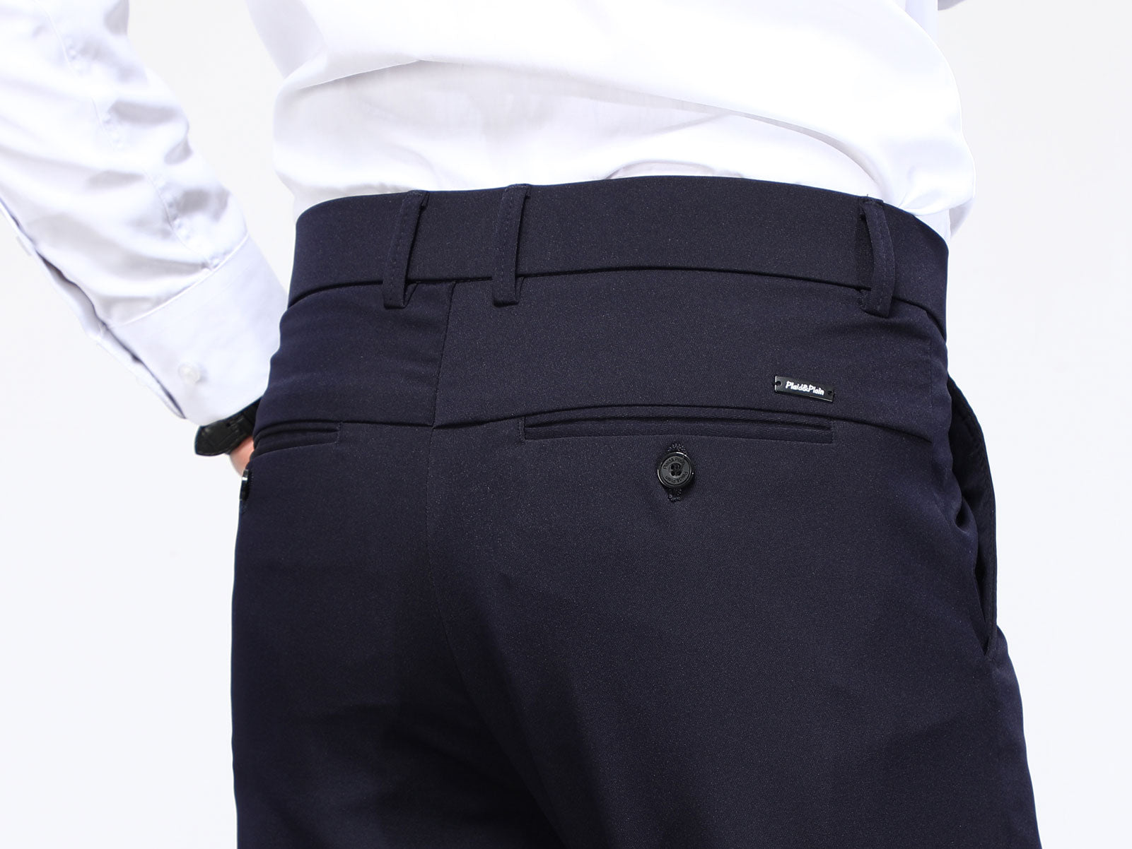 Plaid&Plain Men's Navy Blue Slim Fit Dress Pants | 4-Way Flex Stretch Suit Pants