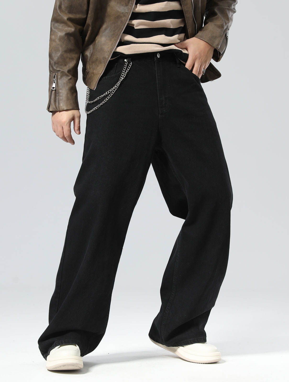 Plaid&Plain Men's Black Baggy Jeans |  Wide Leg Denim Pants for Hip Hop & Skateboarding