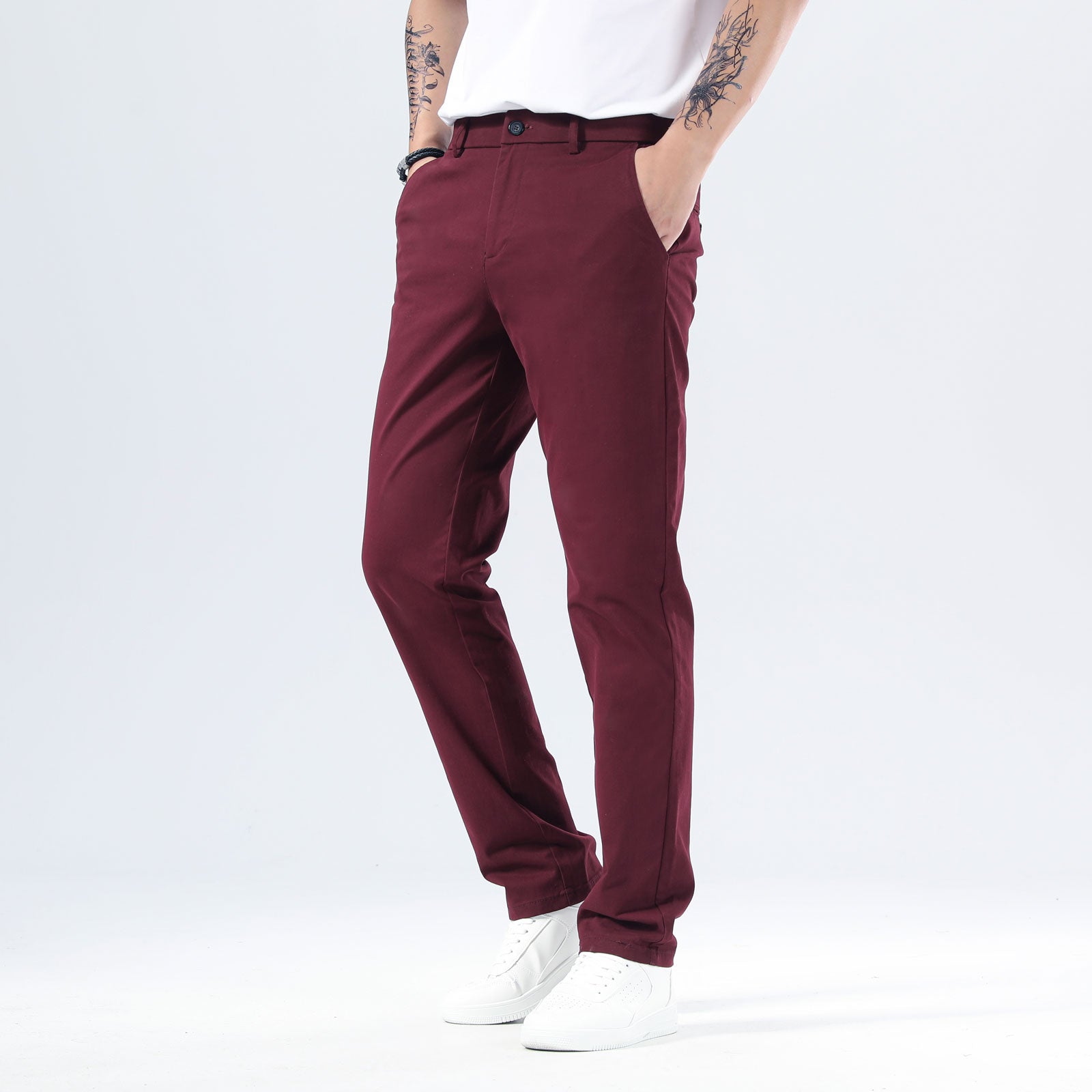 Plaid&Plain Burgundy Men’s Slim - Fit Chinos| Men’s Tapered Chino Pants