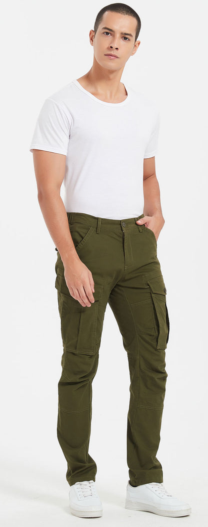 Plaid&Plain Men's Olive Slim Fit Cargo Pants | Tactical Utility with Articulated Knees | Outdoor Hiking & Workwear