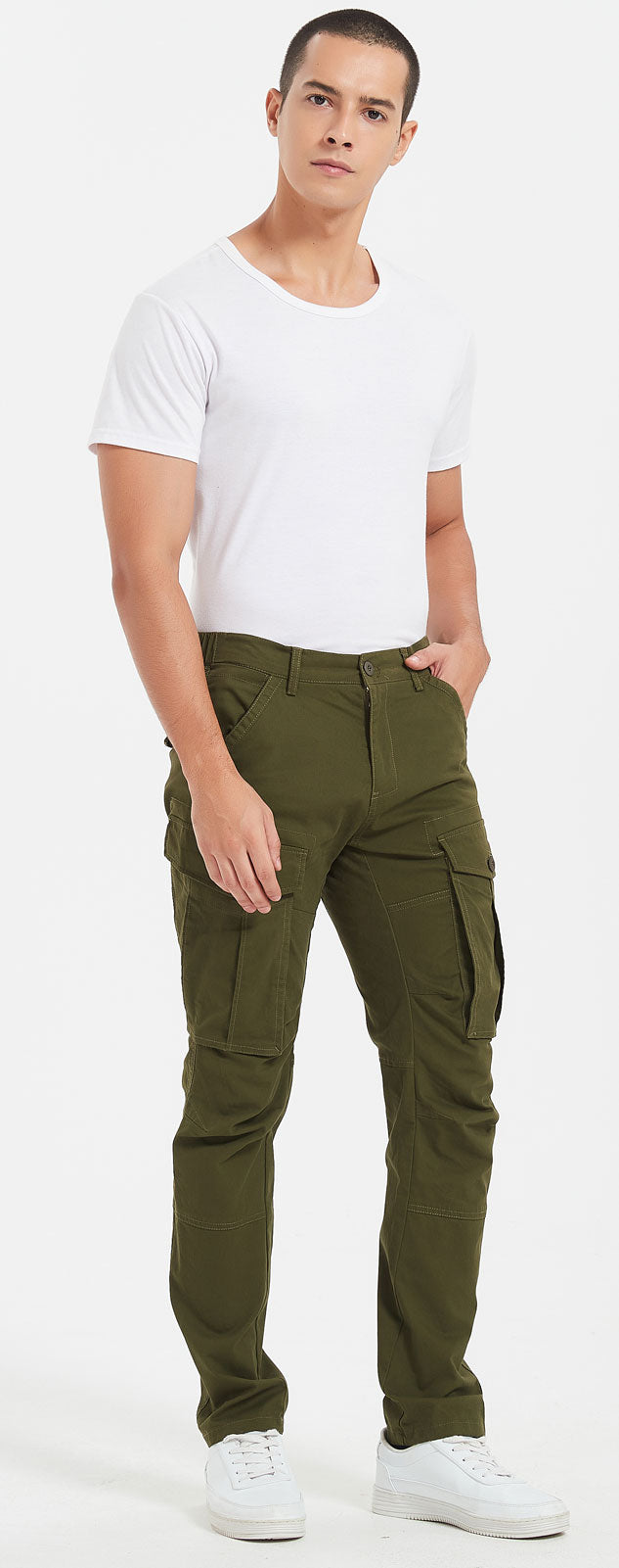 Plaid&Plain Men's Olive Slim Fit Cargo Pants | Tactical Utility with Articulated Knees | Outdoor Hiking & Workwear