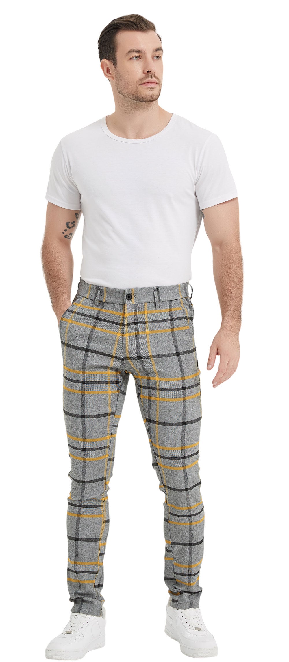 Plaid&Plain Grey Yellow Plaid Skinny Men's Chinos | Slacks Tapered Trousers