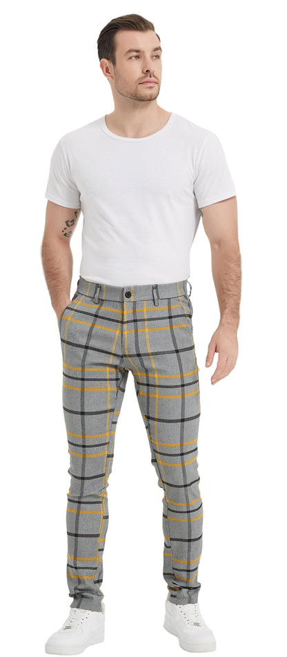 Plaid&Plain Grey Yellow Plaid Skinny Men's Chinos | Slacks Tapered Trousers