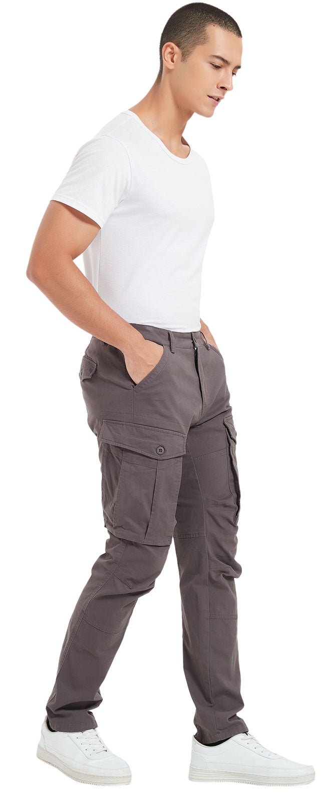 Plaid&Plain Men's Grey Slim Fit Cargo Pants | Tactical Utility with Articulated Knees | Outdoor Hiking & Workwear