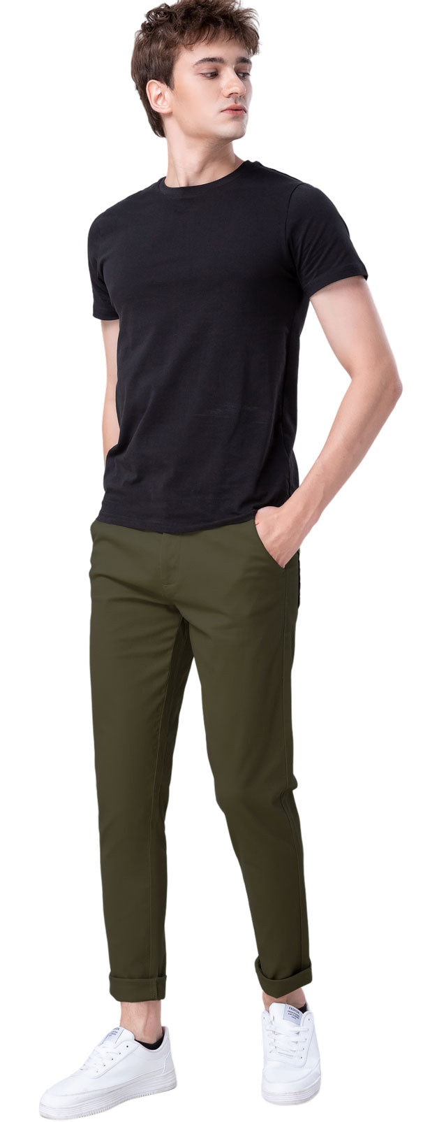 Plaid&Plain Men's Olive Skinny Chinos | Slacks Tapered Trousers Suit Pants