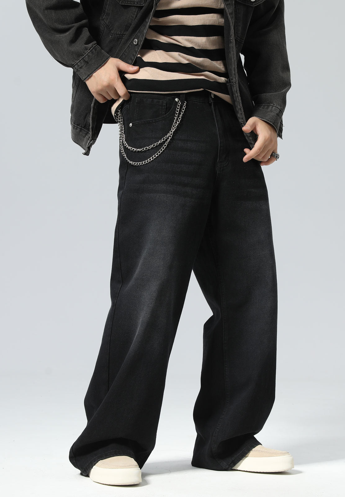Plaid&Plain Men's Washed Black Baggy Jeans |  Wide Leg Denim Pants for Hip Hop & Skateboarding
