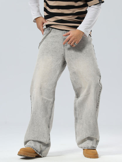 Plaid&Plain Men's Washed Grey Baggy Jeans |  Wide Leg Denim Pants for Hip Hop & Skateboarding