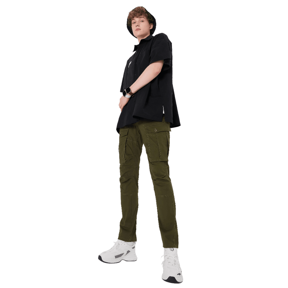 Plaid&Plain Men's Olive Slim Fit Cargo Pants | Tactical Utility with Articulated Knees | Outdoor Hiking & Workwear - Plaid&Plain-C804-Olive-28X28