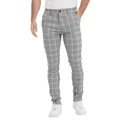 Plaid&Plain Grey Plaid Patterned Skinny Men's Chinos | Slacks Tapered Trousers - Plaid&Plain-7301-Grey-White-28X28