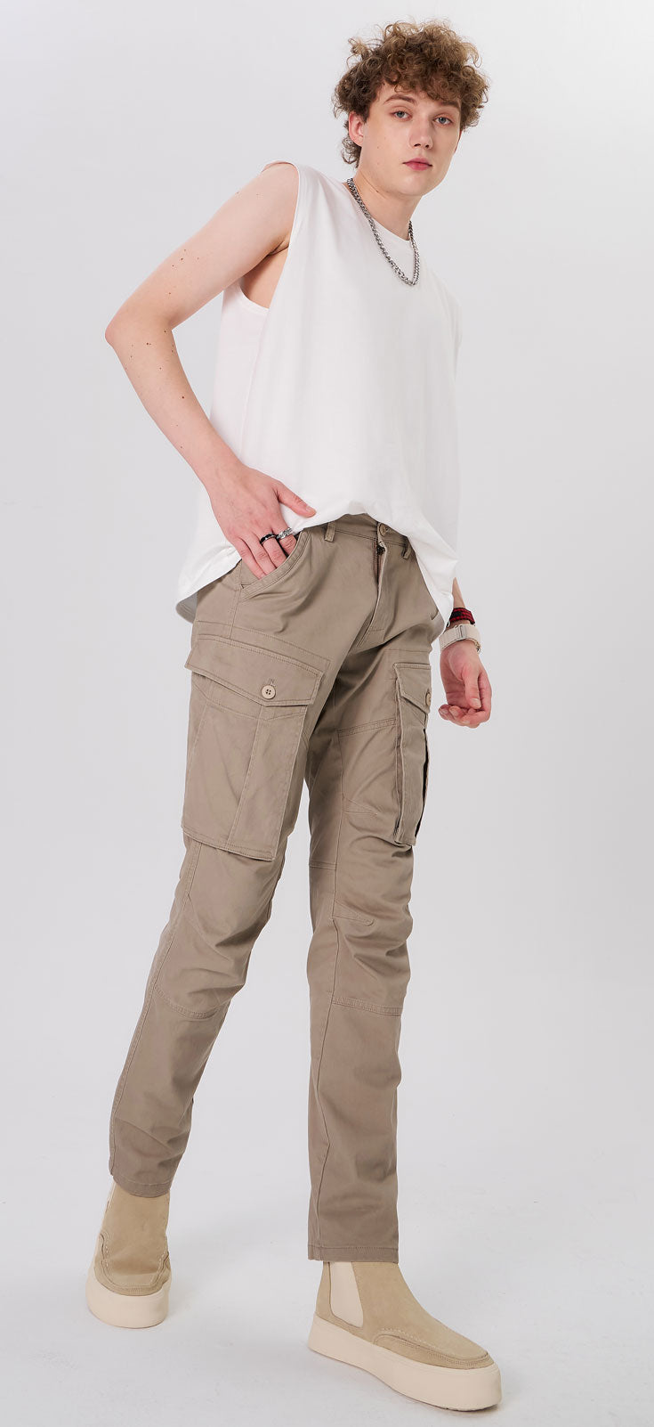 Plaid&Plain Men's Taupe Slim Fit Cargo Pants | Tactical Utility with Articulated Knees | Outdoor Hiking & Workwear
