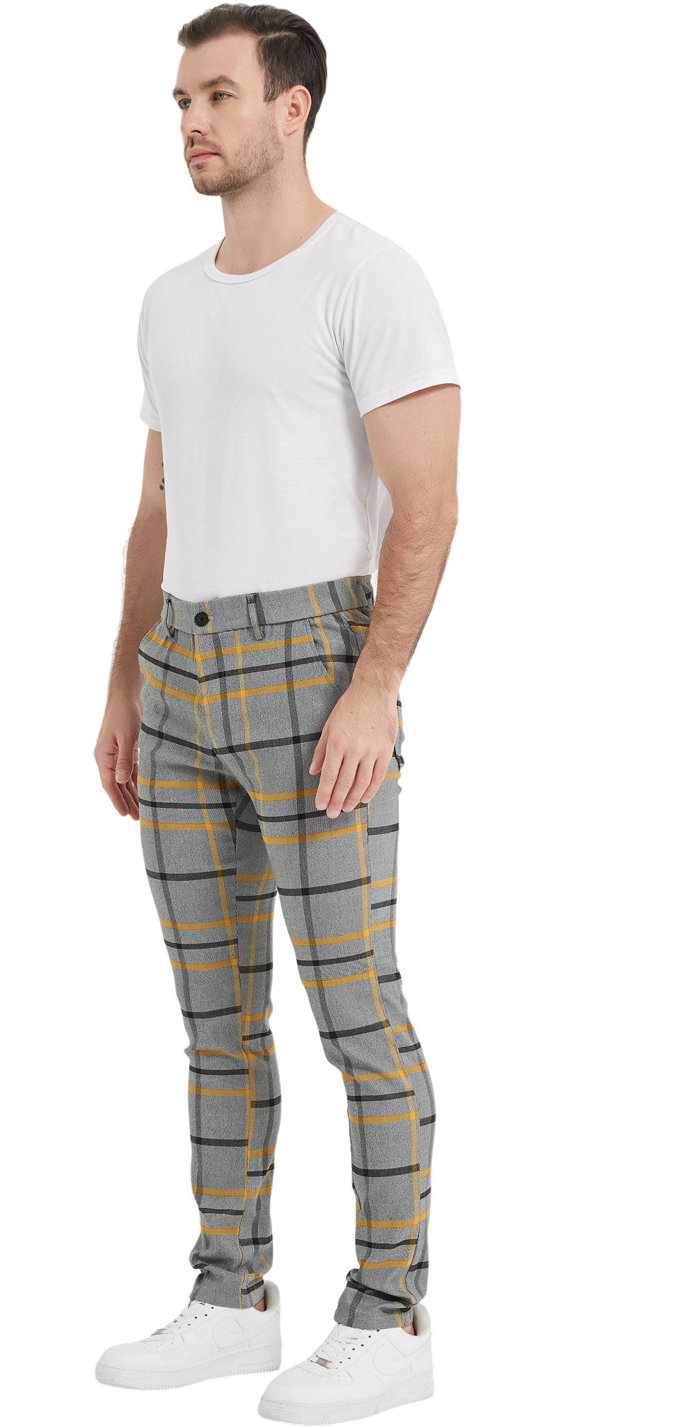 Plaid&Plain Grey Yellow Plaid Skinny Men's Chinos | Slacks Tapered Trousers