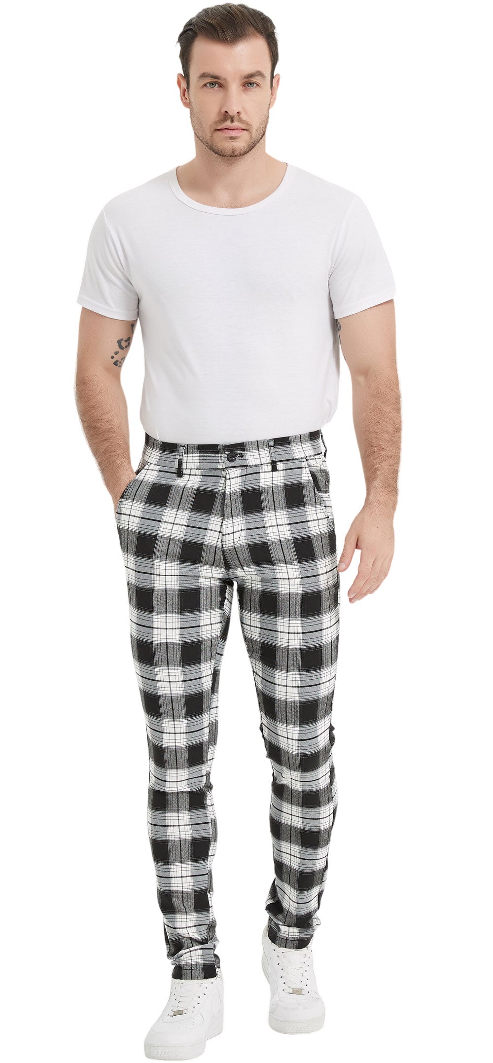 Plaid&Plain Classic Grey Plaid Skinny Men's Chinos | Slacks Tapered Trousers