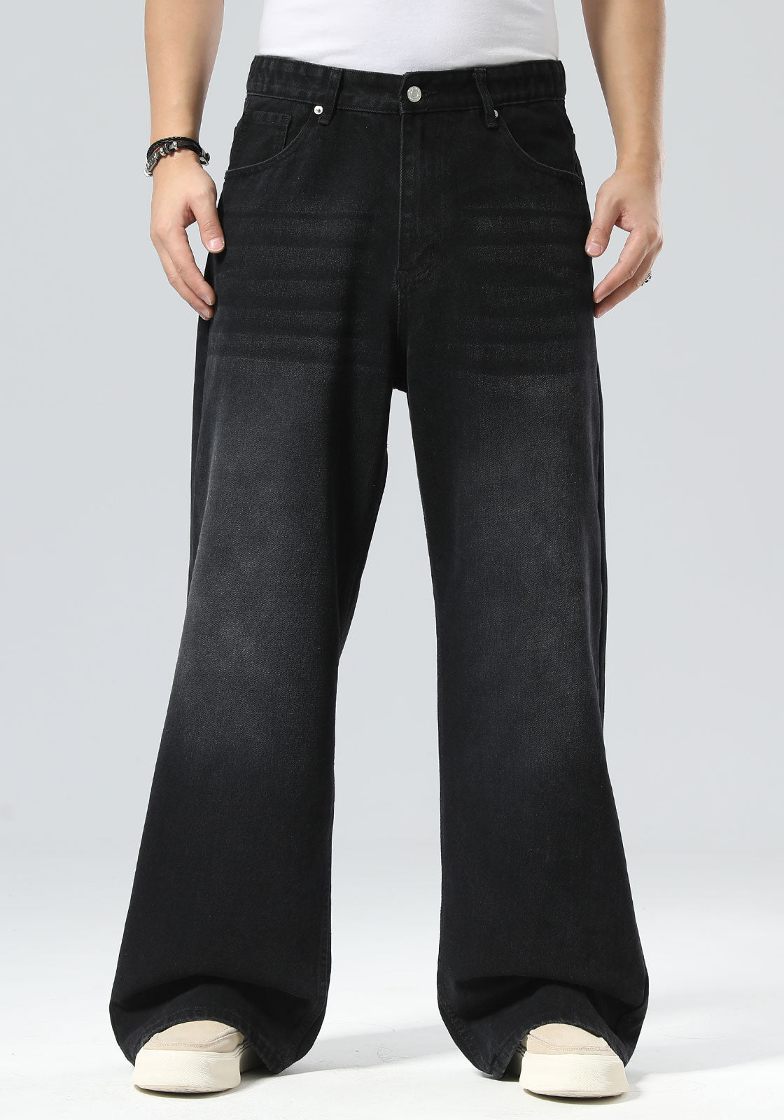 Plaid&Plain Men's Washed Black Baggy Jeans |  Wide Leg Denim Pants for Hip Hop & Skateboarding