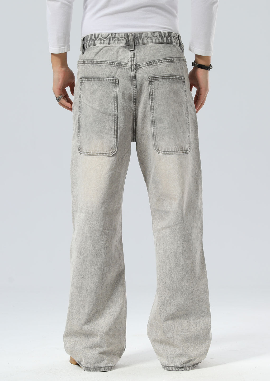 Plaid&Plain Men's Washed Grey Baggy Jeans |  Wide Leg Denim Pants for Hip Hop & Skateboarding