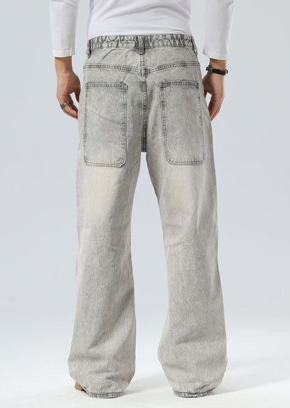Plaid&Plain Men's Washed Grey Baggy Jeans |  Wide Leg Denim Pants for Hip Hop & Skateboarding