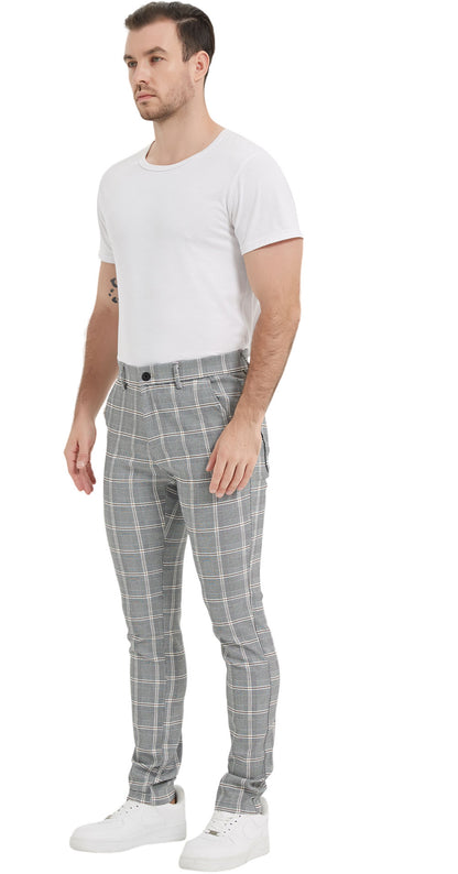 Plaid&Plain Grey Plaid Patterned Skinny Men's Chinos | Slacks Tapered Trousers