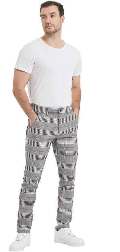 Plaid&Plain Men's Grey Plaid Skinny Chinos | Slacks Tapered Trousers