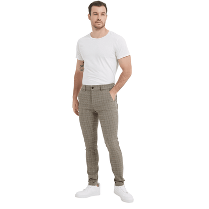 Plaid&Plain Men's Plaid Skinny Stretchy Khaki Chinos | Slacks Tapered Trousers - Plaid&Plain-7301-Khaki-28X28
