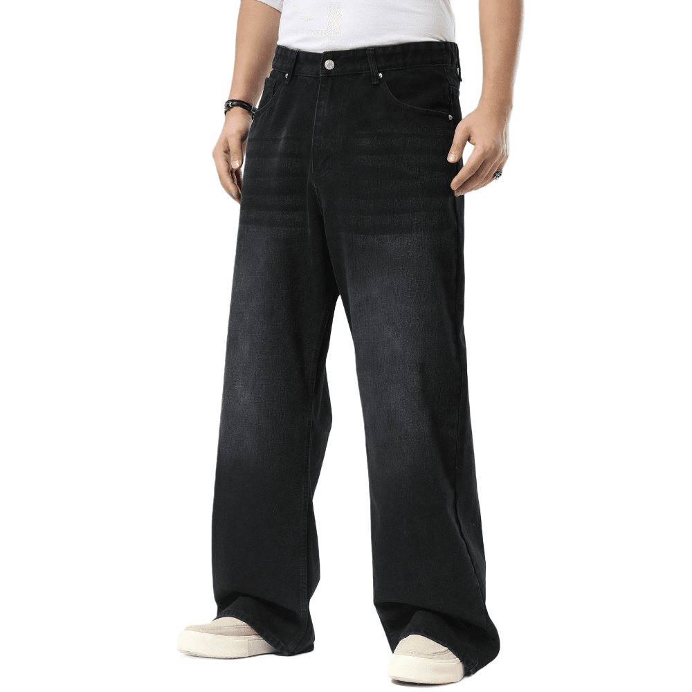 Plaid&Plain Men's Washed Black Baggy Jeans | Wide Leg Denim Pants for Hip Hop & Skateboarding - Plaid&Plain-B01-Washed Black-28X28