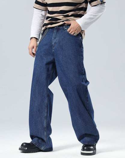 Plaid&Plain Men's Dark Stone Baggy Jeans |  Wide Leg Denim Pants for Hip Hop & Skateboarding