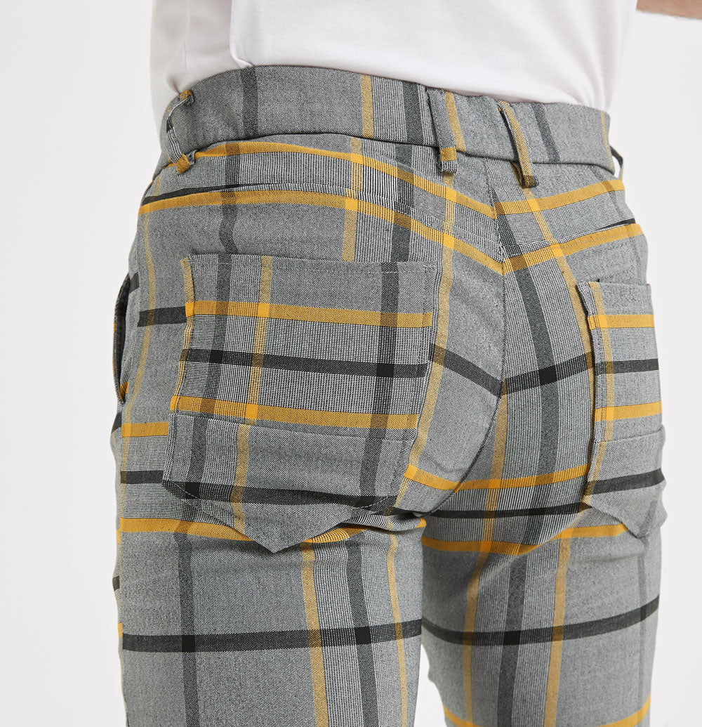 Plaid&Plain Grey Yellow Plaid Skinny Men's Chinos | Slacks Tapered Trousers