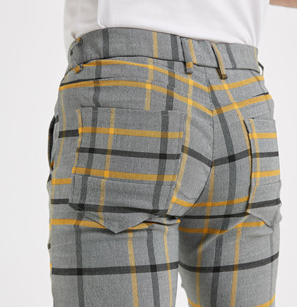 Plaid&Plain Grey Yellow Plaid Skinny Men's Chinos | Slacks Tapered Trousers