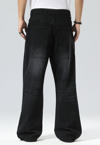 Plaid&Plain Men's Washed Black Baggy Jeans |  Wide Leg Denim Pants for Hip Hop & Skateboarding
