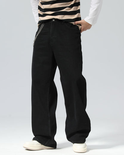 Plaid&Plain Men's Black Baggy Jeans |  Wide Leg Denim Pants for Hip Hop & Skateboarding