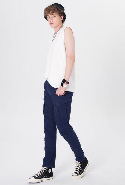 Plaid&Plain Men's Navy Blue Slim Fit Cargo Pants | Tactical Utility with Articulated Knees | Outdoor Hiking & Workwear