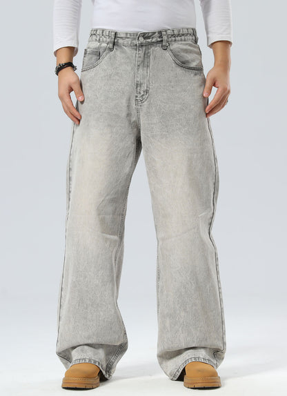 Plaid&Plain Men's Washed Grey Baggy Jeans |  Wide Leg Denim Pants for Hip Hop & Skateboarding