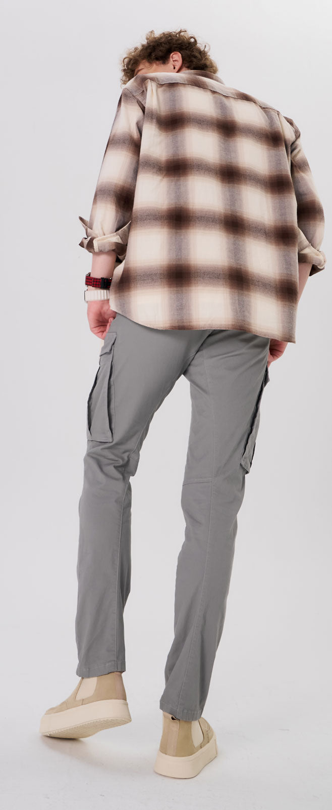 Plaid&Plain Men's Iron Grey Slim Fit Cargo Pants | Tactical Utility with Articulated Knees | Outdoor Hiking & Workwear