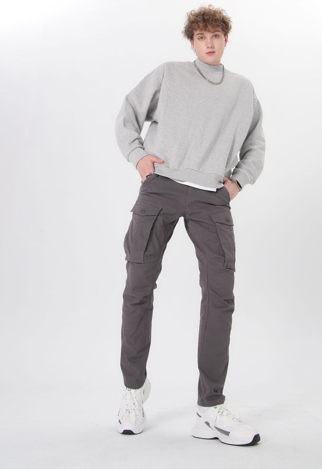 Plaid&Plain Men's Grey Slim Fit Cargo Pants | Tactical Utility with Articulated Knees | Outdoor Hiking & Workwear