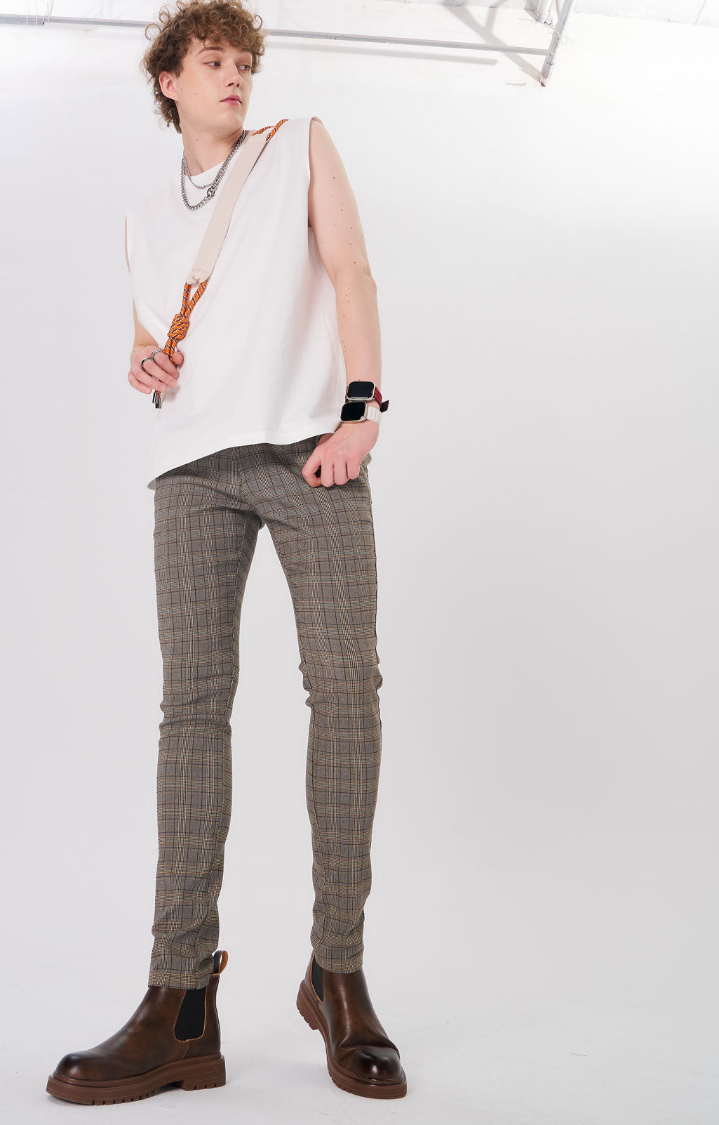 Plaid&Plain Men's Plaid Skinny Stretchy Khaki Chinos | Slacks Tapered Trousers