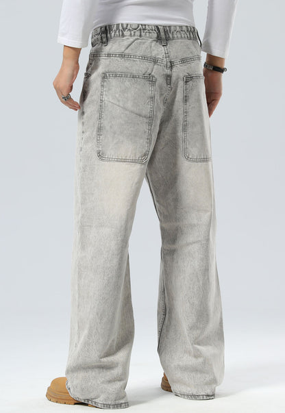 Plaid&Plain Men's Washed Grey Baggy Jeans |  Wide Leg Denim Pants for Hip Hop & Skateboarding